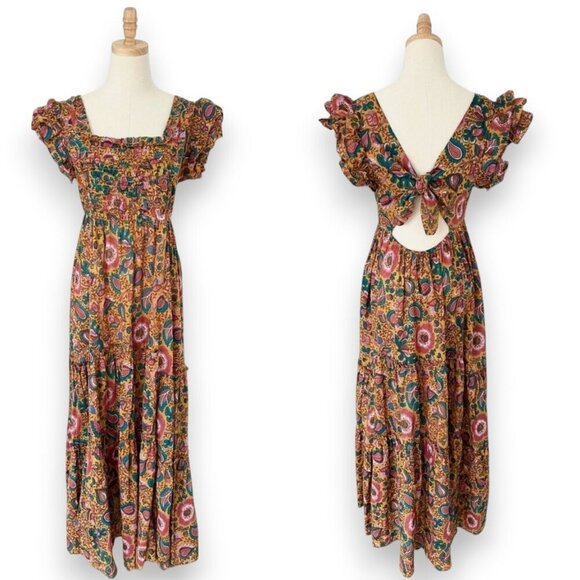 House of Harlow Floral Maxi Dress Mustard Back Open Tie Back Boho - Picture 3 of 9